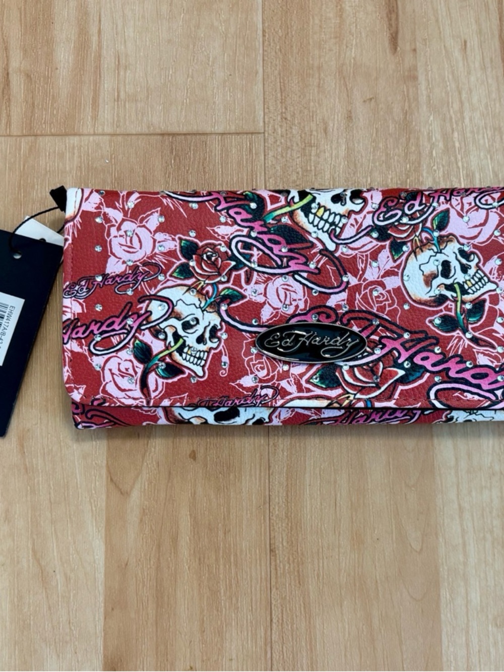 Ed Hardy Red Skull & Rose Tattoo Print Trifold Wallet 8x4”